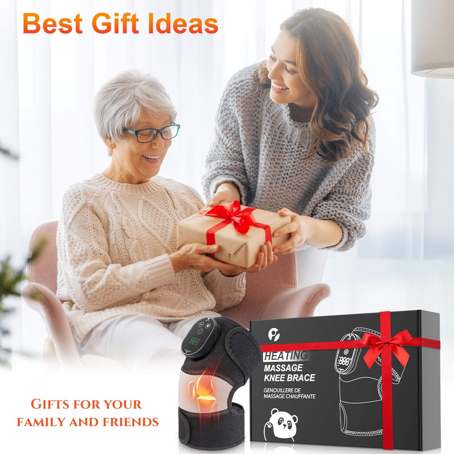 Cordless Heated Knee Massager, 3-in-1 Electric Knee Massager with Heat for Knee Heating Pad Elbow Shoulder Wrap with 3 Vibration & 6 Heating Modes, Birthday Gifts for Dad Mom