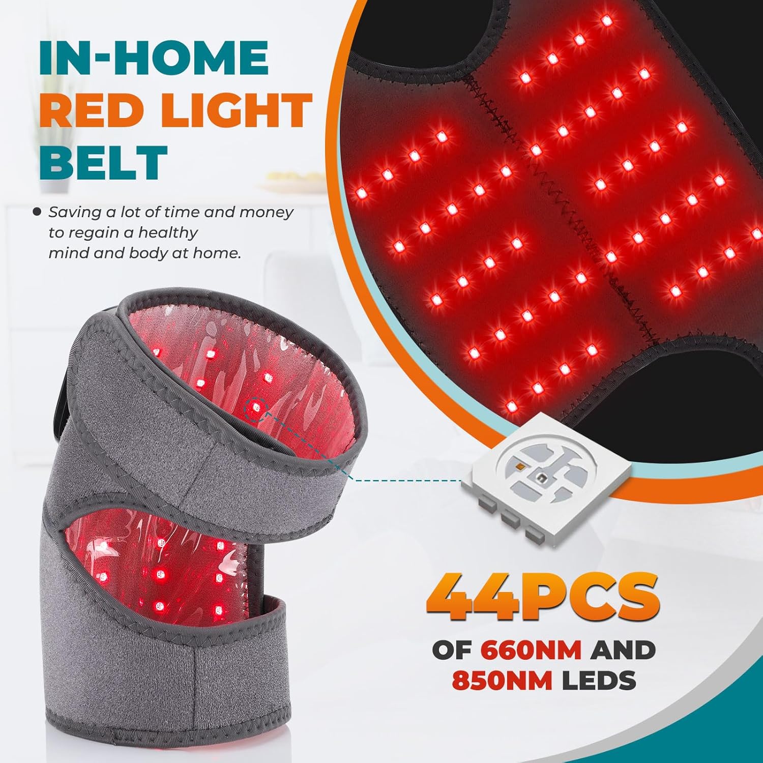 Cordless Heated Knee Brace with Heat and Red Light, 660nm&850nm Rechargeable Light Belt Shoulder Support Brace Wrap Wearable Knee Shoulder Elbow Heating Pad with 5000mAh Battery